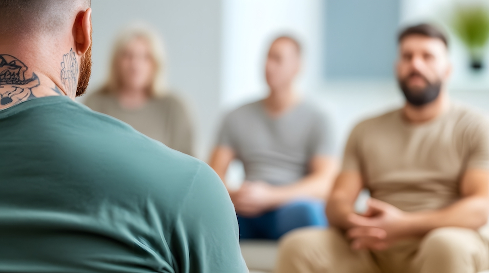Group therapy session with people sitting in a supportive circle